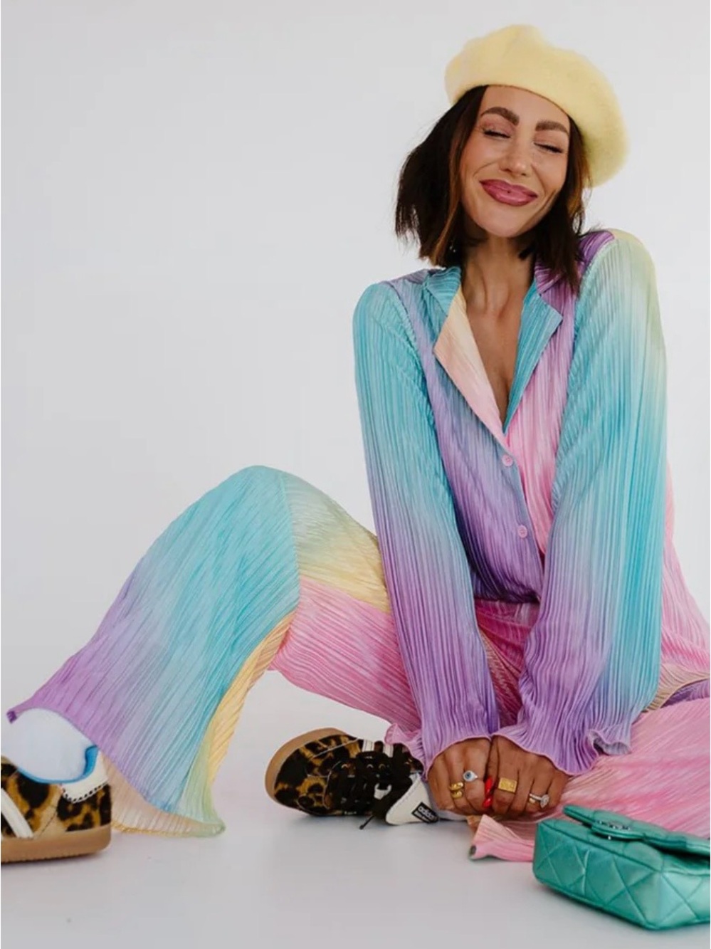 Dressed in LALA Long Sleeve Plissé Set in Rainbow Daydream NWT 2XL